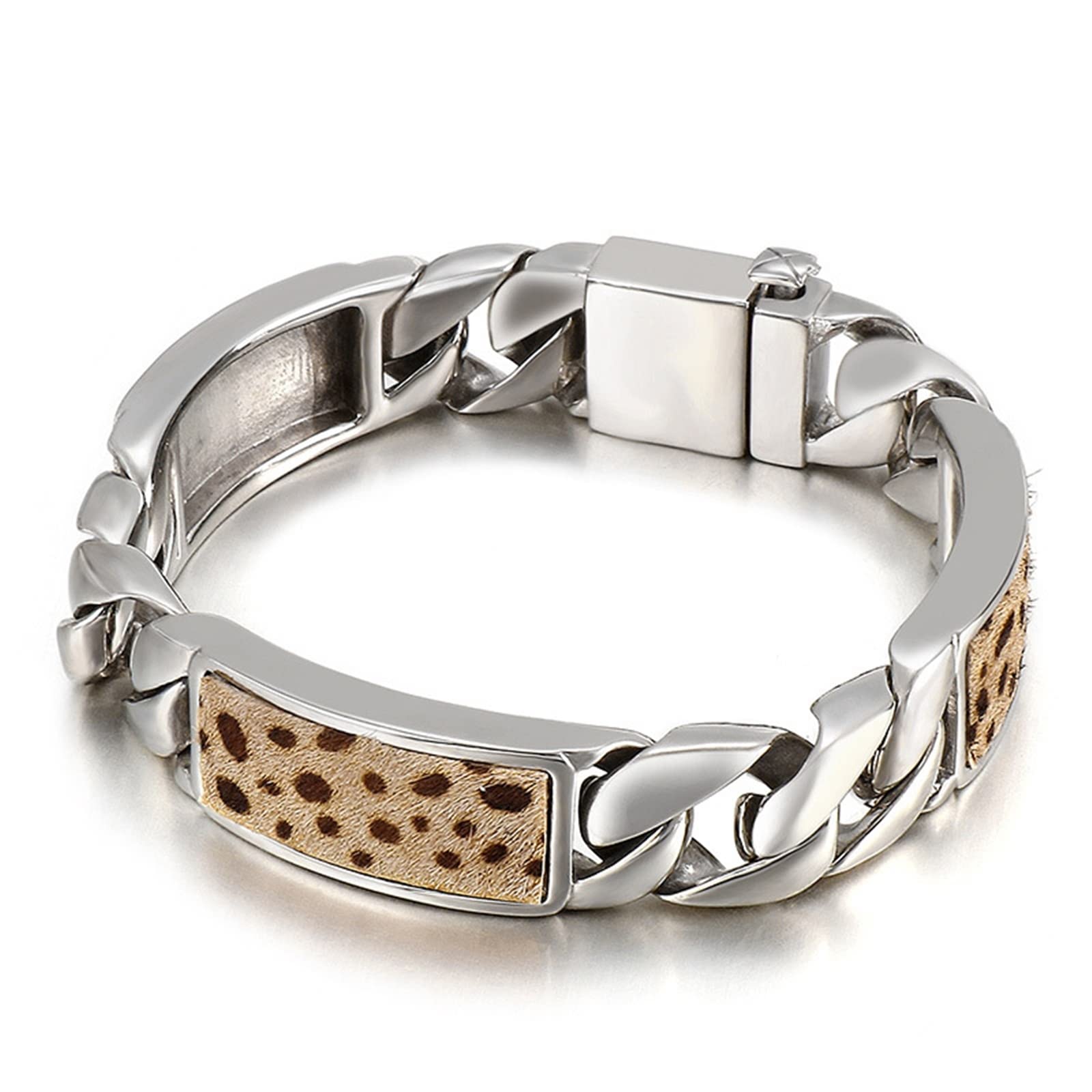 Herren-Gliederarmband, Leopardenmuster-Knopf, Edelstahlarmband, Herrenklasse 220 x 15 mm, Einheitsgröße, Edelstahl-Edelstahlarmband, kein Edelstein, Haushaltsarmaturen