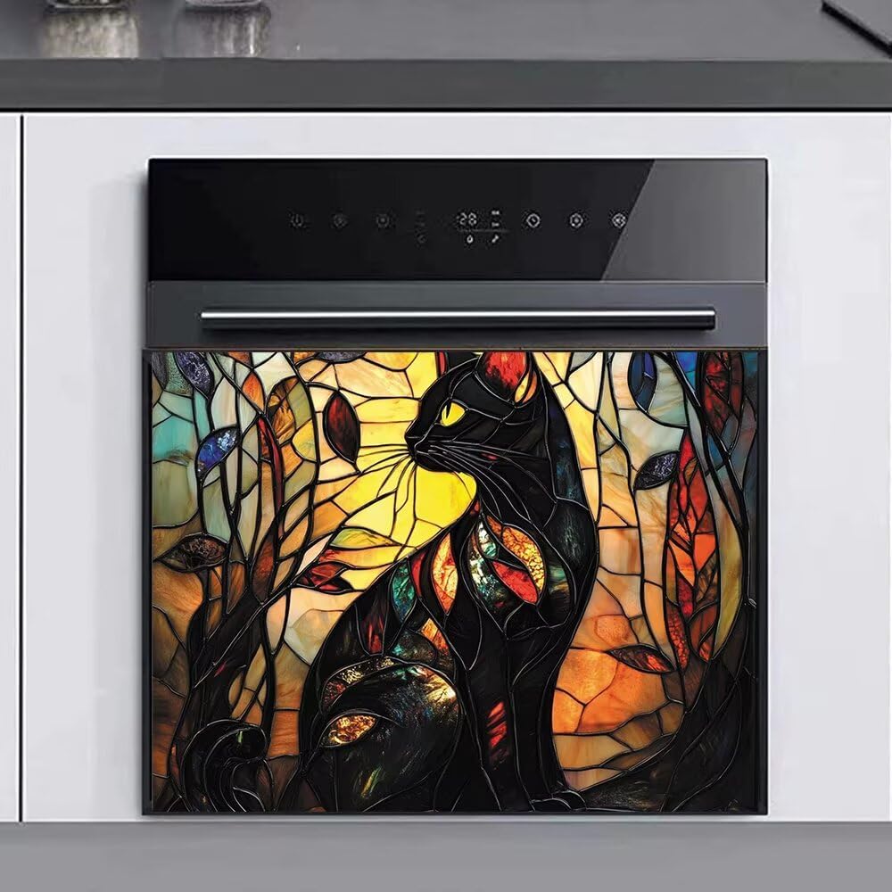 Stained Glass Black Cat Magnet Dishwasher Full Door Cover, Animal Dish Washer Door Sticker for Home Appliances Decor, Black Cat Magnet Refrigerator Panel Cover, 23x17 inch Magnetic