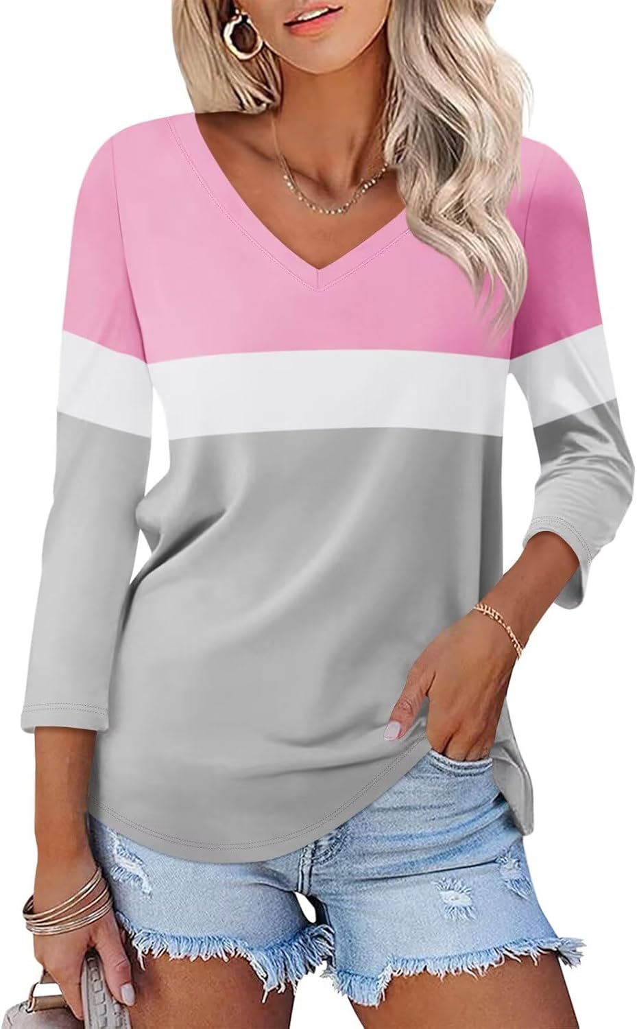 TICTICMISS Women’s V Neck 3/4 Sleeve Tops Color Block/Solid Shirts Basic Summer Tees