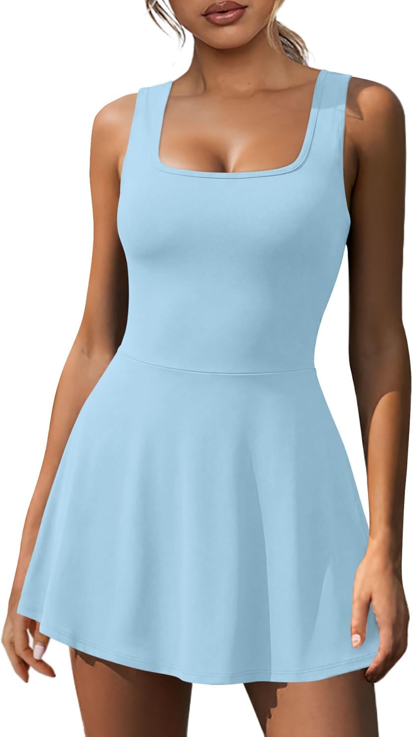 NIASHOT Women's Athletic Dress Mini U Neck Sleeveless Built in Shorts with Pockets Tennis Golf Graduation