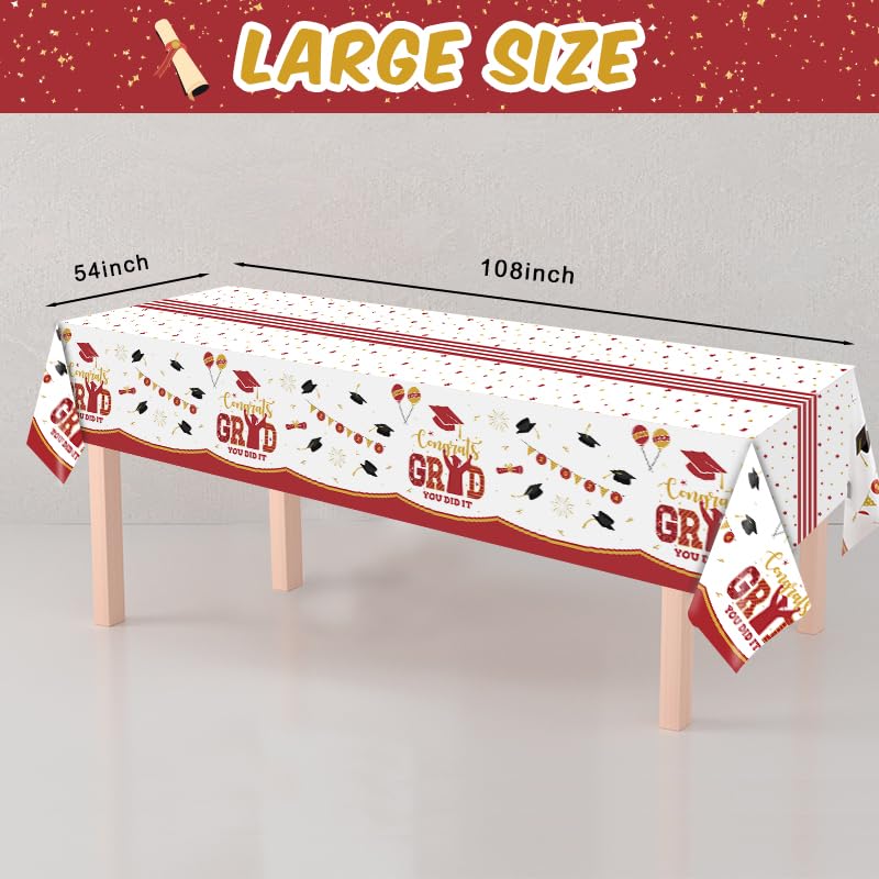 Tyzarglef 3 Pack Graduation Tablecloths Class of 2024, Red and Gold Plastic Tablecloths for Graduation Party Decorations, 54
