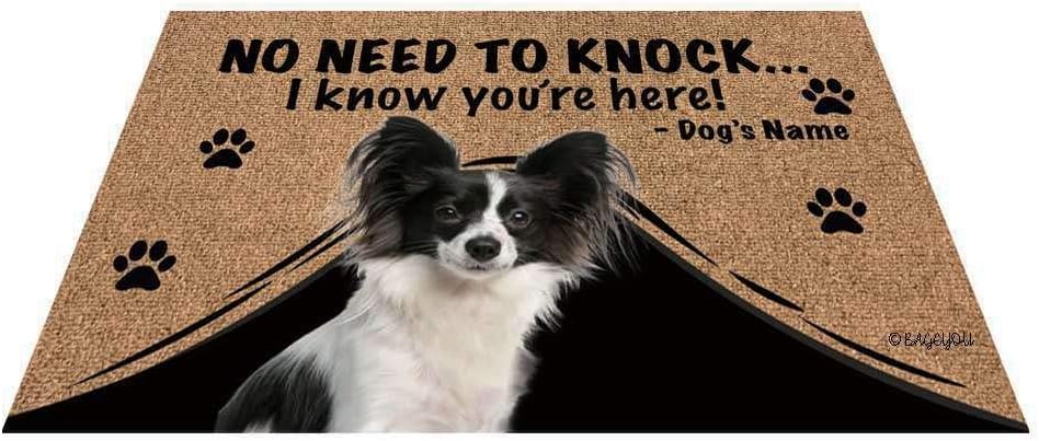 BAGEYOU Personalized Dog's Name Doormat with My Love Dog Papillon Welcome Floor Mat No Need to Knock I Know You're Here 23.6 X 15.7