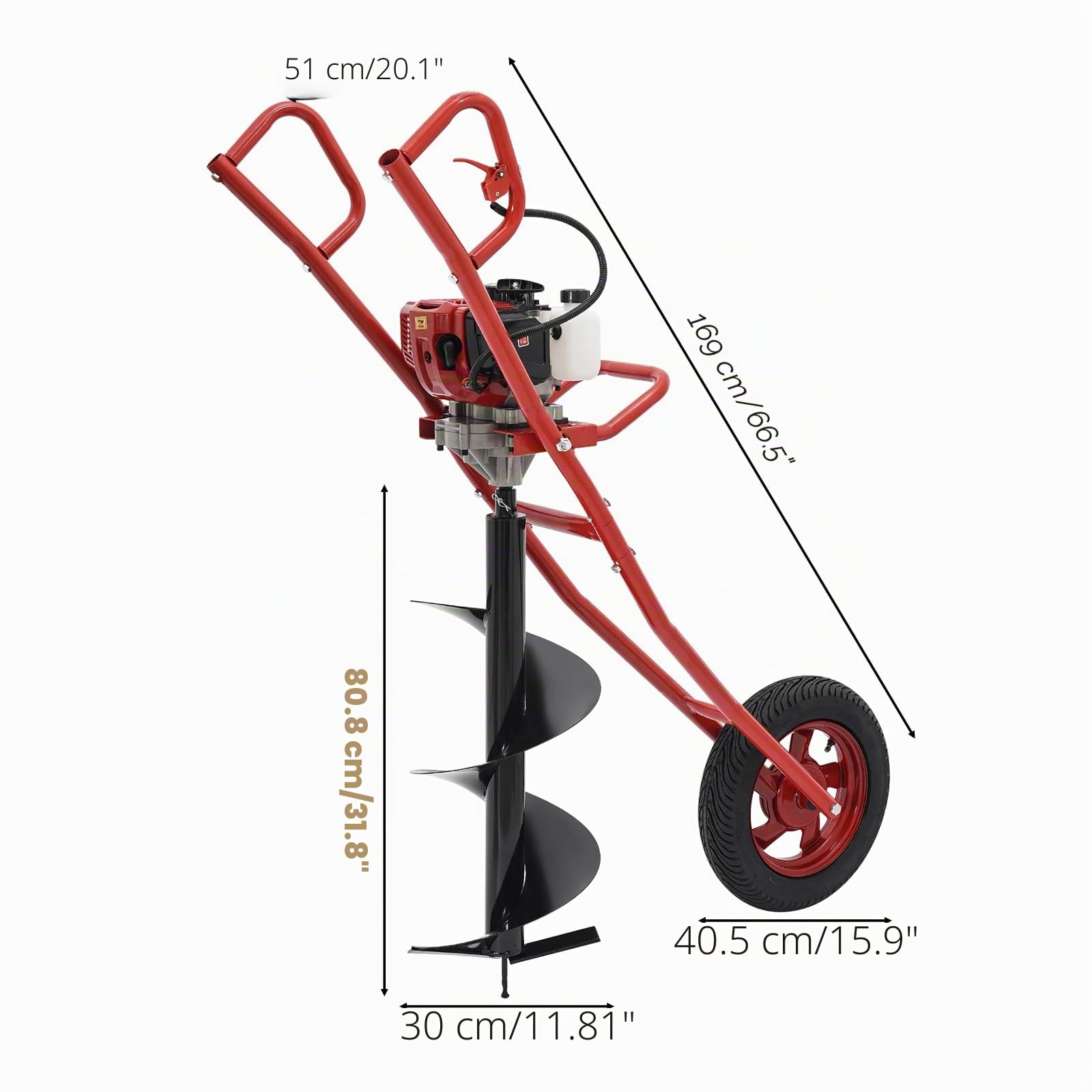 Broca de tierra de gasolina, 63 cc, 2 tiempos, con carro de mano, broca para suelo con diámetro de 300 mm, para carretillas, para tumbas de minero, agricultura, silvicultura (rojo)