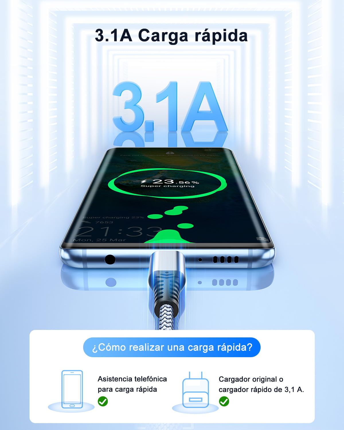 USB C 3.1A cable de carga rápida, USB A a USB C cable de carga rápida, cargador tipo C para 17 Pro Max, 17 Air, iPhone 16 15 Pro Max Plus, Samsung S21 S22 S23 S23+ S20 S10 S9 ect. [3 Pack-1M]