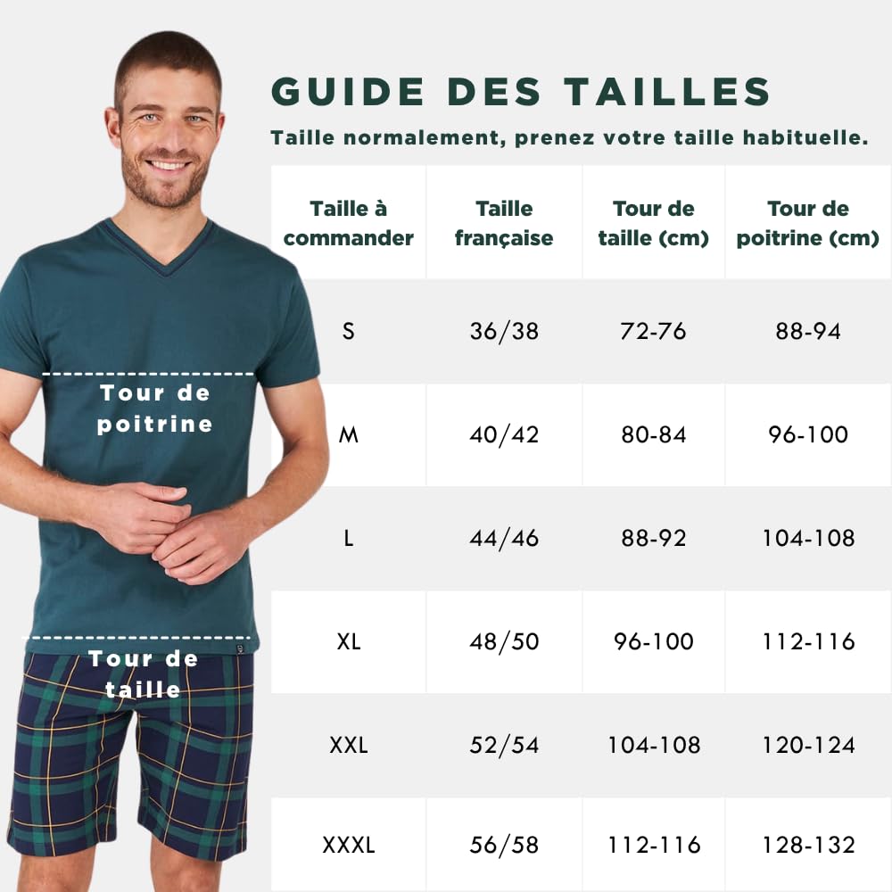 ARTHUR - Pyjama Court Homme, Ensemble Manches Courtes et Short - 100% Coton Bio Doux et Confortable