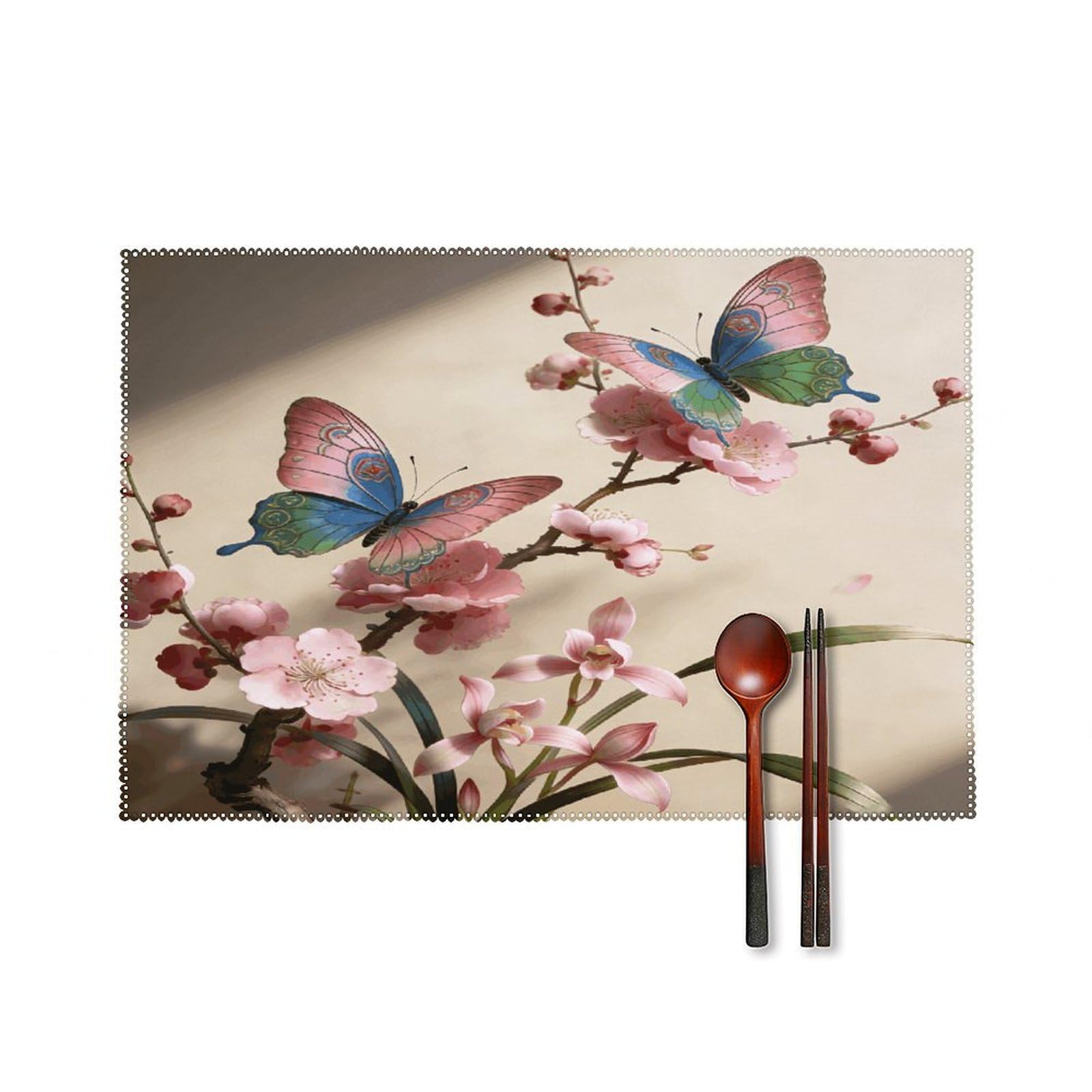 Khauerbc Style Butterfly Perches On The Spring Branch. Placemats Set Of 6,Decorating The Dining Table，Canvas Washable Table Mats，Wipe Clean Anti Slip Dining Table Place Mats For Party Kitchen Dining Decoration
