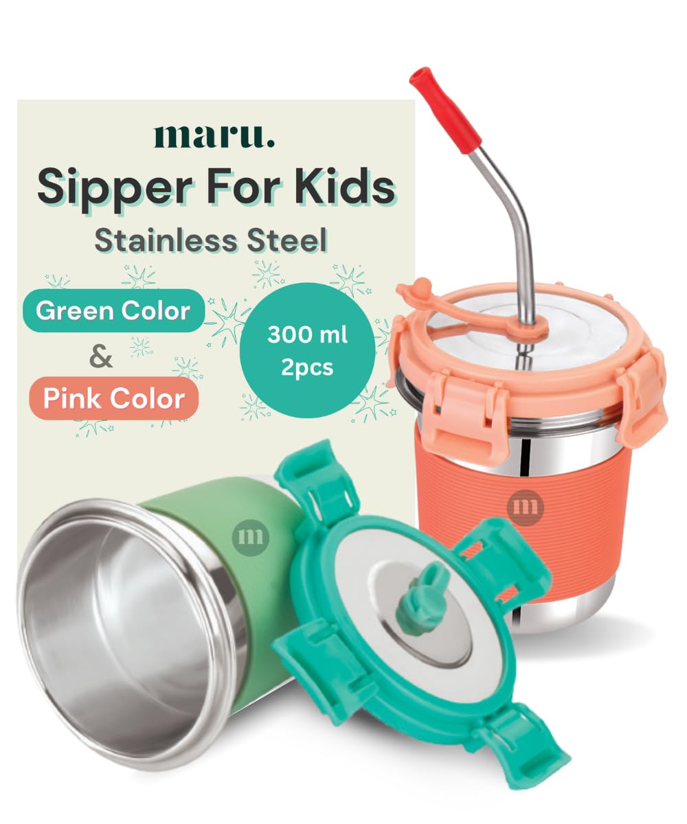 MARU Stainless Steel Tumbler with Lid & Straw 300ml 2 Pc (Sea Green & Ice Pink), Durable & Leakproof Anti-Slip Silicone Grip Sipper Glass Tumbler for Kids, Travel-Friendly & Perfect for Everyday Use-image-29