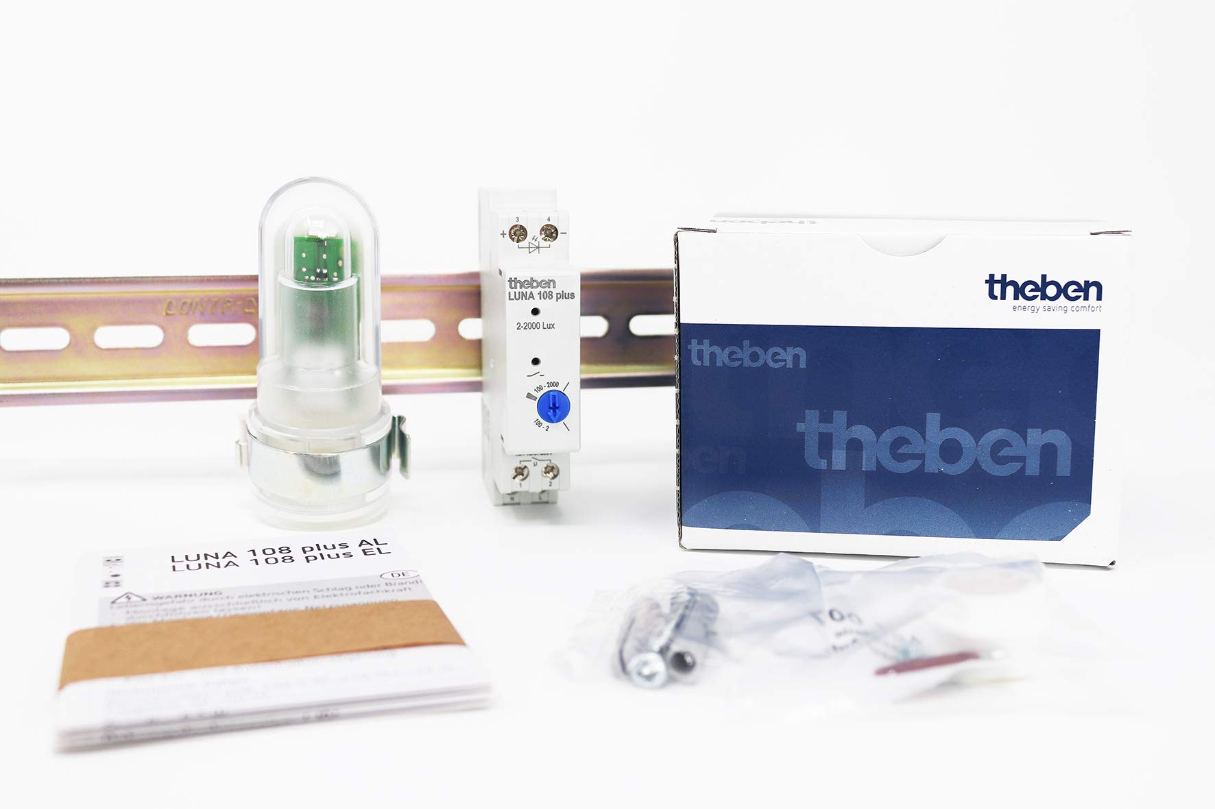 Theben 1080910 - Luna 108 Plus AL - Montaje en Superficie - Interruptor crepuscular analógico - Sensor de luz Incluido - Retardo de conexión y desconexión Fijo - Carril DIN | Sensor de luz incluido, 2 – 2000 lx, retardo fijo de encendido y apagado 20/80 s
