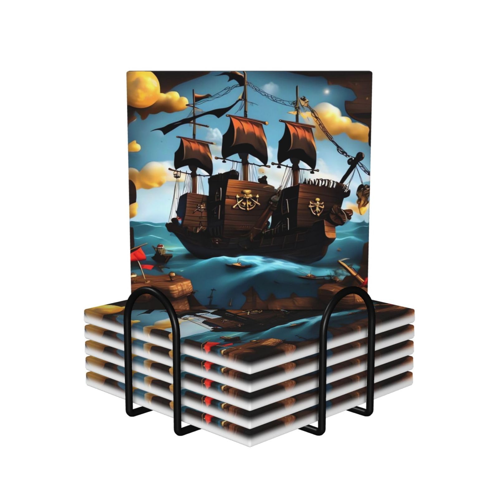 Dessous de verre en céramique bateau pirate pour apéritif et table basse