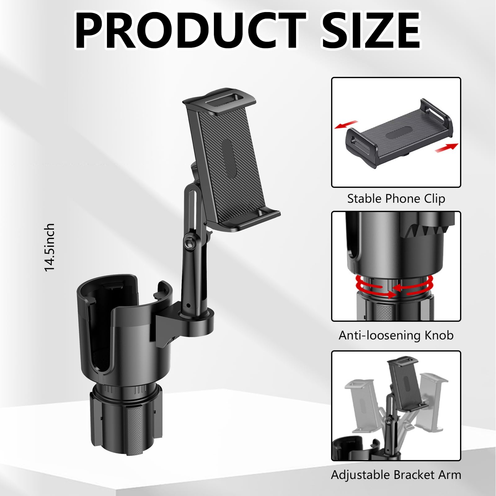 2 in 1 Supporto Tablet Portabicchieri per Auto, Porta Telefono Auto con Braccio Lungo Regolabile, Supporto per Telefono Girevole a 360° Compatibile con Tablet e Smartphone da 6 a 13 Pollici