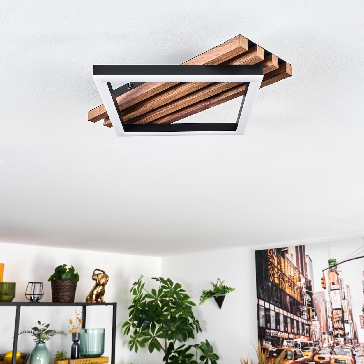 HOFSTEIN LED Deckenleuchte Ellekilde, Deckenlampe aus Metall/MDF/Kunststoff in Schwarz/Holzoptik/Weiß, 12W, 3000 Kelvin, Leuchte im modernen Design für Schlafzimmer, Esszimmer, Wohnzimmer, Küche, Flur