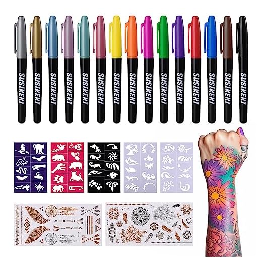 SUSIKEKI Temporary Tattoo Markers for Skin, 15 Colors Tattoo Pen + 50 Paint Stencils + 43 Tattoos Stickers, Glitter & Matte & Neon Glow Body Marker Set, Removable Fake Tattoos Kit for Teens and Adult