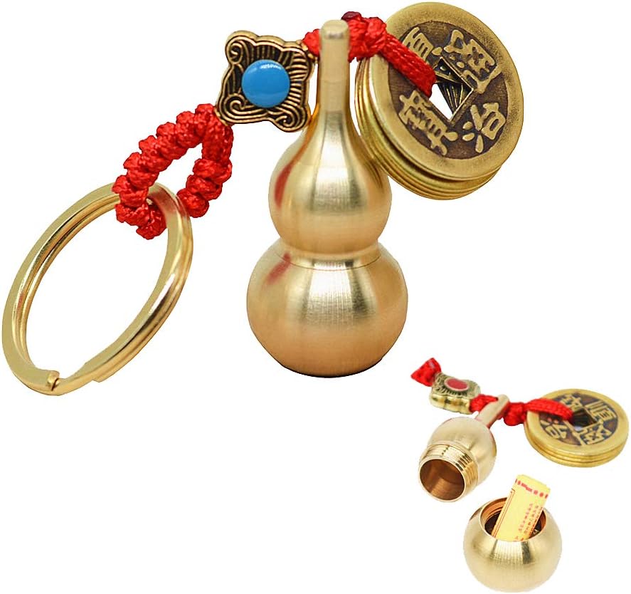 2 Pieces Gourd Brass Keychains,Feng Shui Luck Coins with Brass Calabash Wu Lou Key Ring for Good Luck, Wealth Success and Longevity, Blessing Paper in it