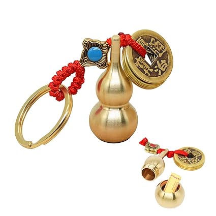 OPG 2 Pieces Gourd Brass Keychains,Feng Shui Luck Coins with Brass Calabash Wu Lou Key Ring for Good Luck, Wealth Success and Longevity, Blessing Paper in it, Gold, 4
