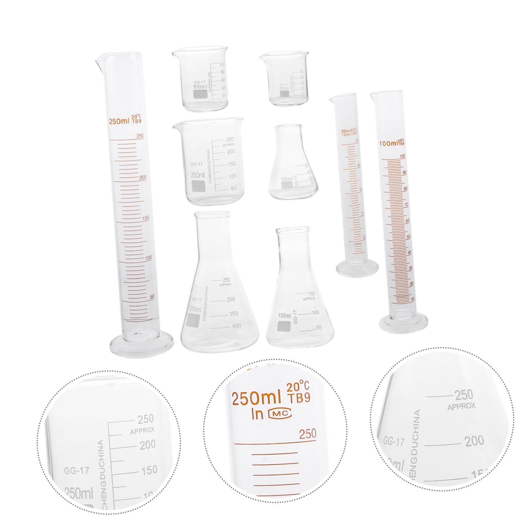 Gadpiparty Bicchieri Graduati da 50ml a 250ml per Laboratorio Set di 9 Pezzi di Vetro Resistente ad Alte Temperature, senza Perdite Laterali, per Applicazioni Biologiche