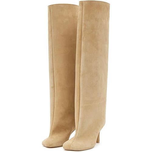 UBWDU Women's Suede Knee High Boots Square Toe Stiletto Heels Wide Calf Tall Boots