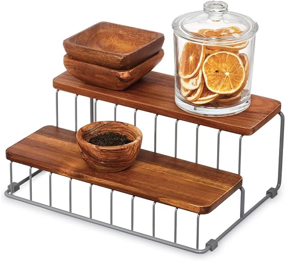 Frutero Organizador De Cocina IDesign Ría Safford - Caja De Alambre Blanca Con Asas, Madera De Acacia, Para Despensa Y Hogar