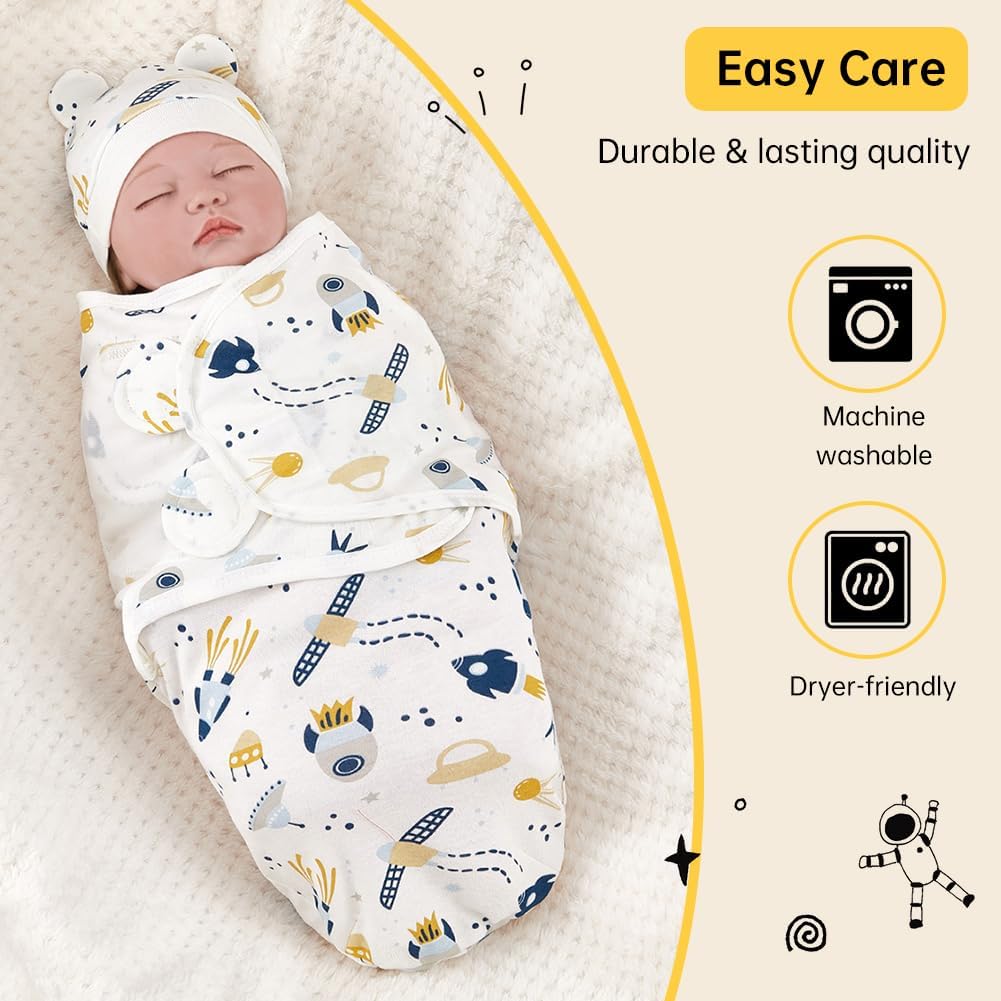 3 Sets Baby Swaddle Sleep Sack with Hat Set, Soft Baby Swaddling Blankets Cute Swaddling Blankets for 0-3 Months
