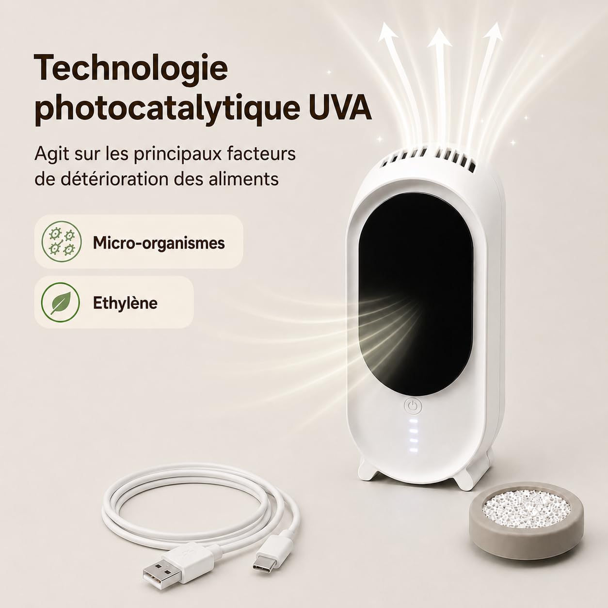 Purificateur d'air pour Réfrigérateur, Prolonge la Fraîcheur des fruits et légumes, Neutralise les Odeurs, Filtre Lavable, Rechargeable USB-C