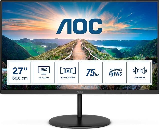 AOC Q27V4EA - 27 Inch QHD Monitor, 75Hz, 4ms, IPS, Adaptive Sync, Speakers, FlickerFree (2560x1440 @ 75Hz, 250cd/m², HDMI 1.4 x 1, DisplayPort 1.2 x 1 )