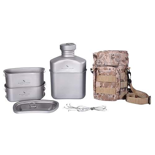 Boundless Voyage Titanium Canteen Mess Kit with Camouflage Bag Large Capacity Kidney-Shaped Camping Pot Pan Set with Lid & Hanging Chain