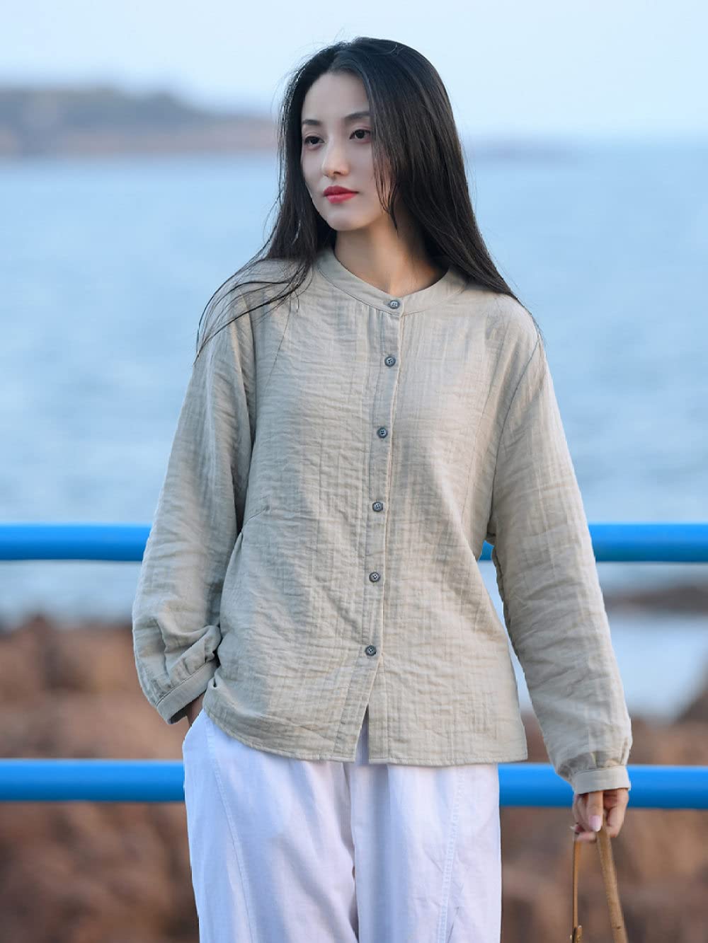 Langarmshirt Damen,Damen-Baumwoll-Leinen-Hemd Vintage Hellgraue Schlichte Leichte Jacke Mit Rundhalsausschnitt Elegante Tägliche Freizeit-Strandbluse Langarm-Button-Down-Blusen Lässige Tunika-Tops