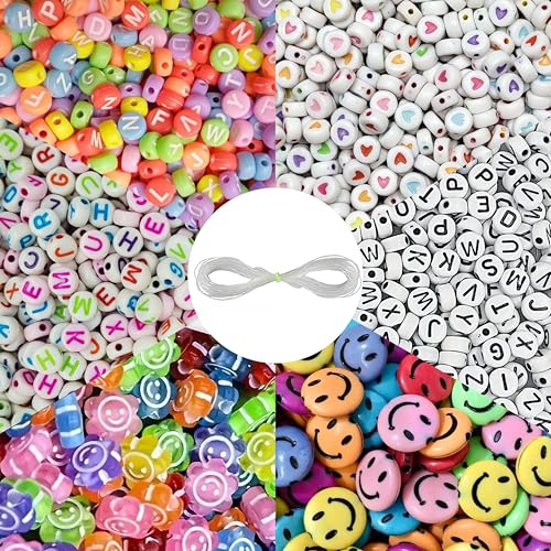 INDIKONB 1050 Alphabet (3 types), 350 Heart Design Beads, and 40 Smile Beads (2 types) | Beads for Jewelry Art and Craft | Letter and Emoticon Beads for jewellery, bracelet making