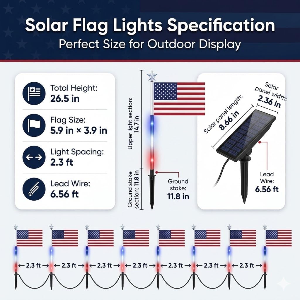 Allcros Freedom Path Lights, 1-to-8 Solar American Flag Pathway Stake Lights with 8 Modes, 4th of July Red White and Blue Star Solar Lights, Waterproof Bright Patriotic Pathway Lights (8PCS)