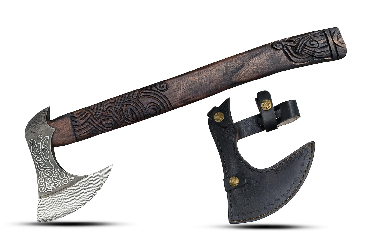 Novahaven Raven Fang – Hacha vikinga de lujo forjada a mano de acero al carbono y madera de fresno | Arte nórdico grabado | Hacha exclusiva para coleccionistas y al aire libre