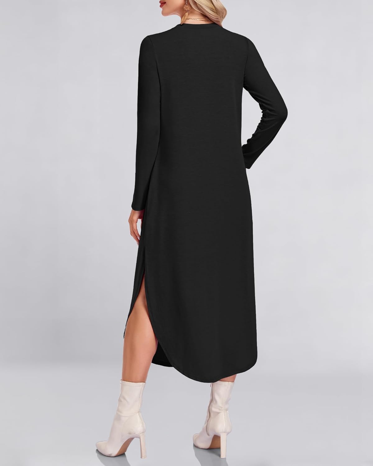 MISFAY Fall Dresses for Women 2026 Casual V Neck Long Sleeve Split Maxi Dress Loose Shirt Dress Solid Outfits with Pockets - Image 3