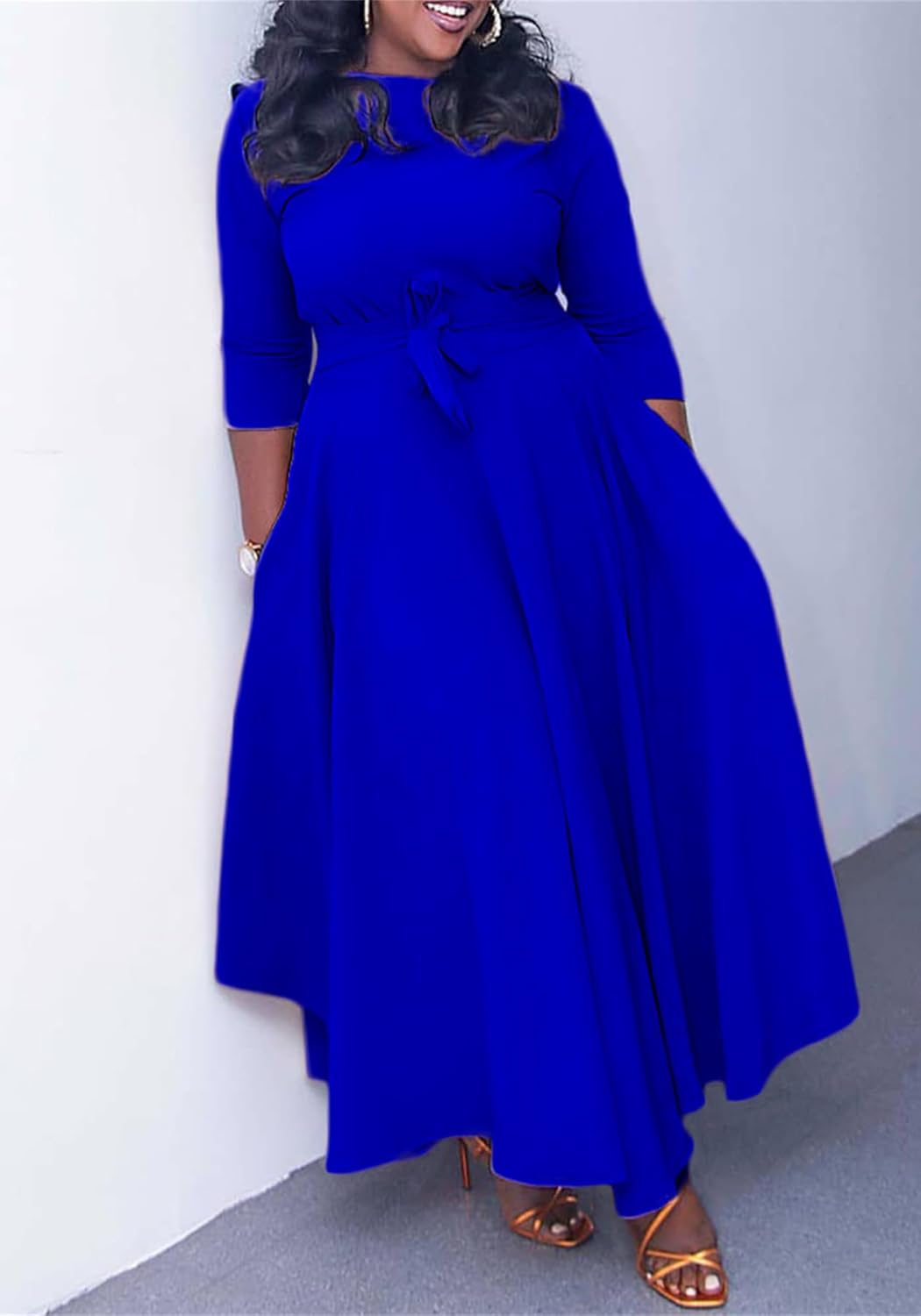 2025 Summer Plus Size Maxi Dress for Women Casual Solid Color 3/4 Sleeve High Waist Flowy Ruffle Dress with Belt, Blue, 5XL - Image 2