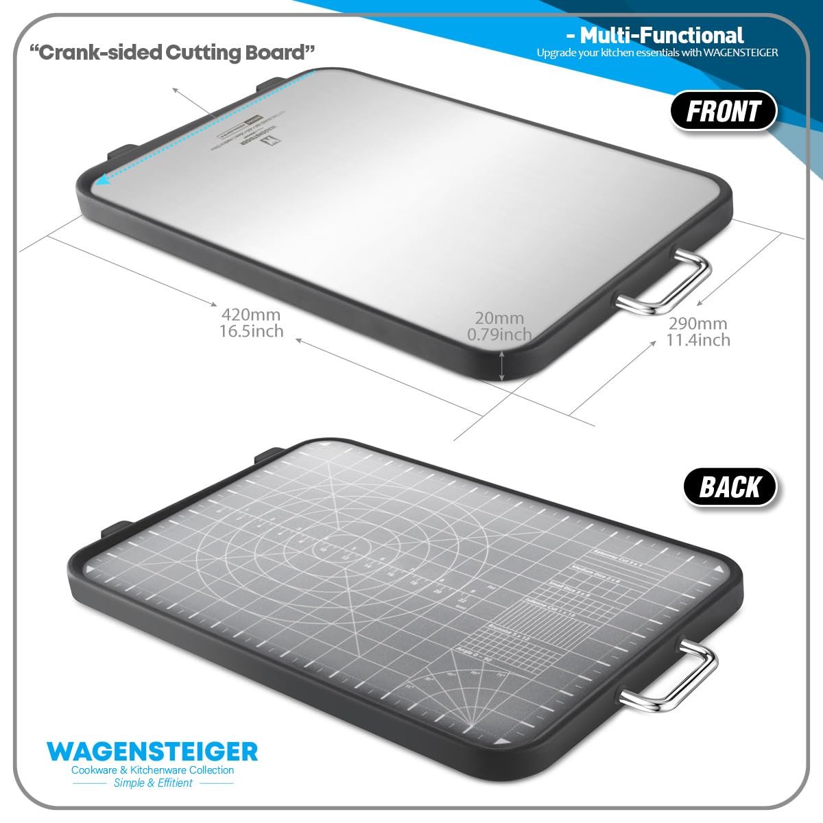 WAGENSTEIGER Tabla de cortar de doble cara de acero inoxidable, tabla de cortar, lado de tabla de metal y lado de tablero de plástico con paja de trigo en el interior, fácil de limpiar, diseñada para