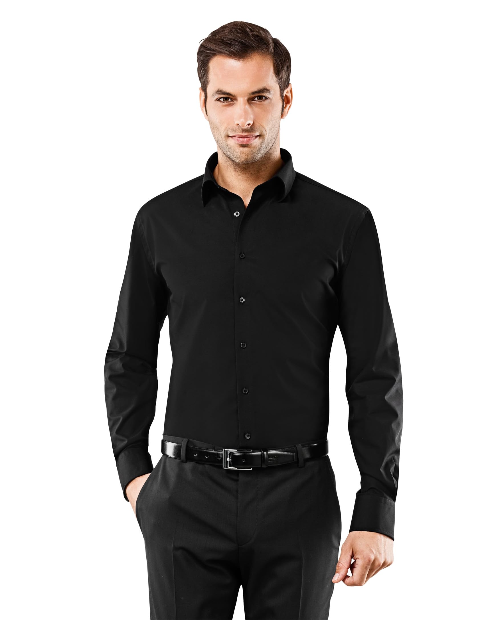 Vincenzo Boretti Camisa de Hombre, Ajustada Entallada (Slim-fit), 100% algodón, Manga-Larga, Cuello Kent, Lisa - no Necesita Plancha