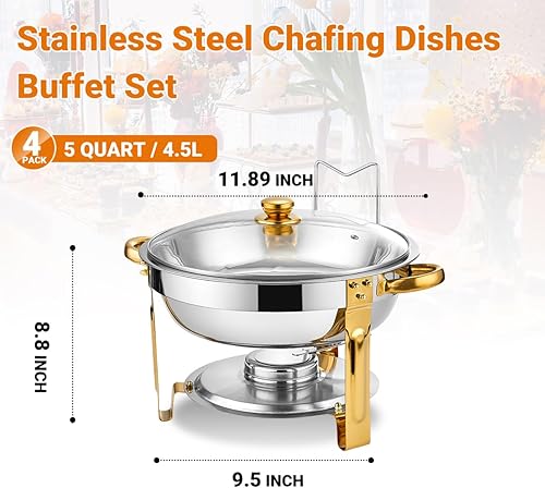 Miniatura 2 de Juego de 4 platos para bufé, platos redondos de 5 cuartos de galón para buffet con tapa de vidrio y soporte de tapa, juego de chafers de acero