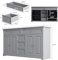 Vista 2 de AIEGLE Aparador de cocina gris con 4 puertas y 5 cajones, armario de almacenamiento grande de 59.1 pulgadas de ancho, consola de mesa, armario