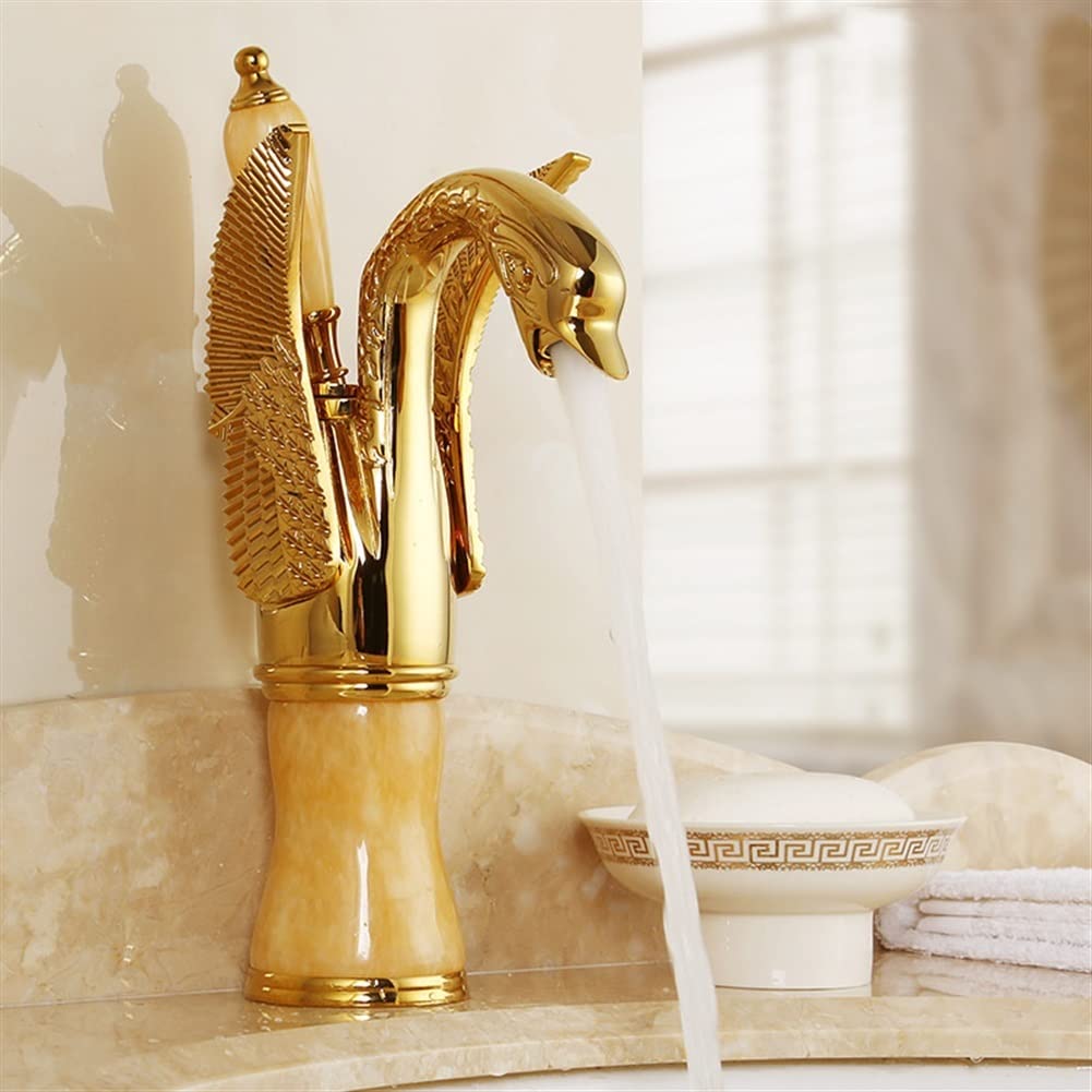 Bathroom Faucet Bathoom Basin Faucet, Brass & Jade Hot & Cold Gold Sink Mixer Water Tap, Luxury Crane Vessel Single Handle Deck Mounted Swan Shape (Color : Style 2 S)