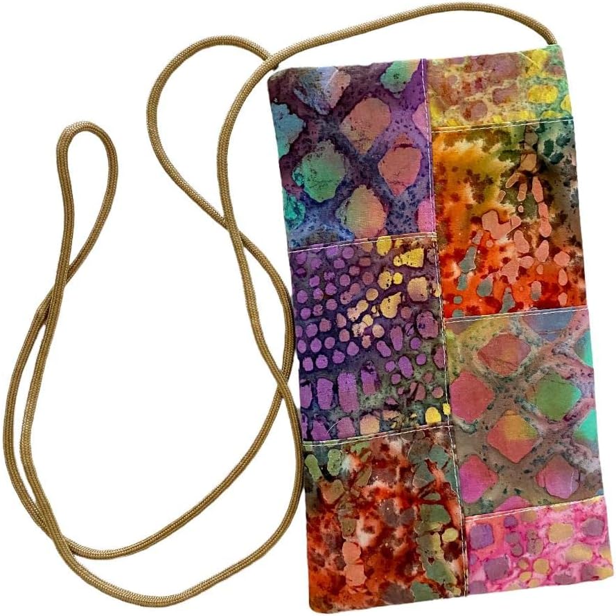 Batik Patchwork Fabric Cell Phone Pouch, Strapped Minimal Boho Purse for Essentials