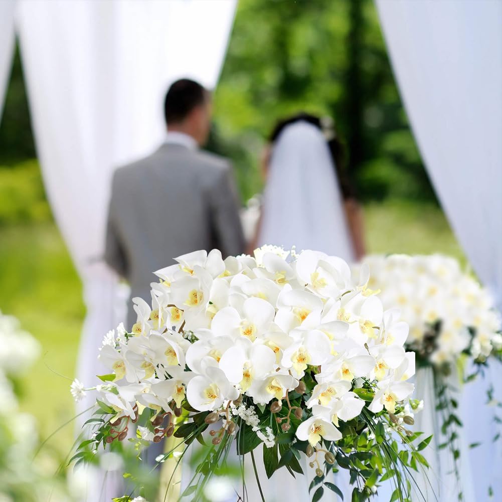 36" White Orchids Artificial Flowers Velvet Silk Orchids, 6 PCS Faux Orchids Long Stem Artificial Flowers for Tall Vase & Home Wedding Decoration(White with Yellow Center)