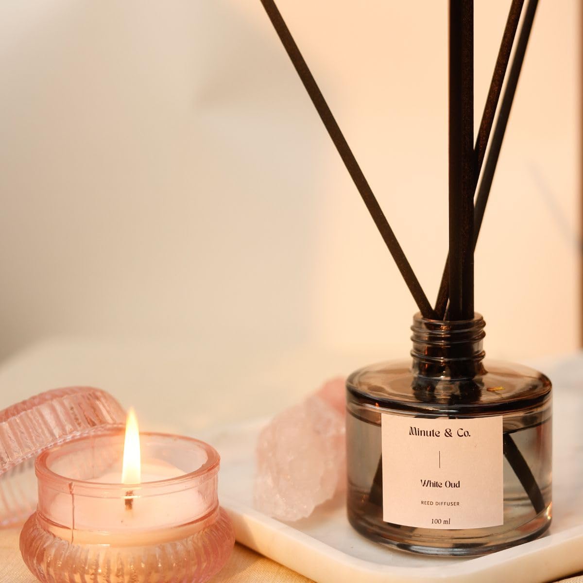 Minute & Co. | Reed Diffuser Set with 5 Sticks | White Oud |Fine-Living Fragrance for Office, Home and Stress Relief | Mood Enhancer (Pack of 1)