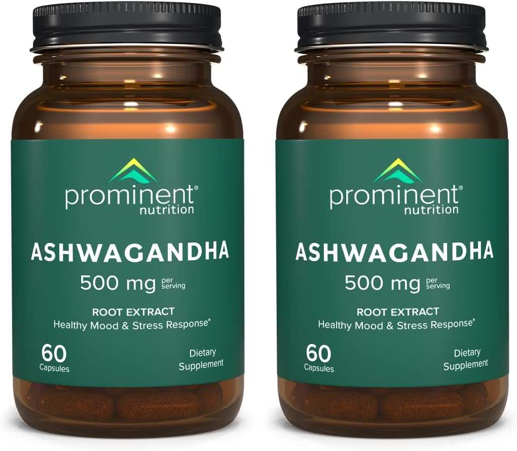 Prominent Nutrition Ashwagandha Supplement - Clinically Researched Shagandha Root Extract for Healthy Mood & Stress Support, Standardized to 2.5% Withanolides, 500 mg, 60 Vegan Capsules - 2 Pack