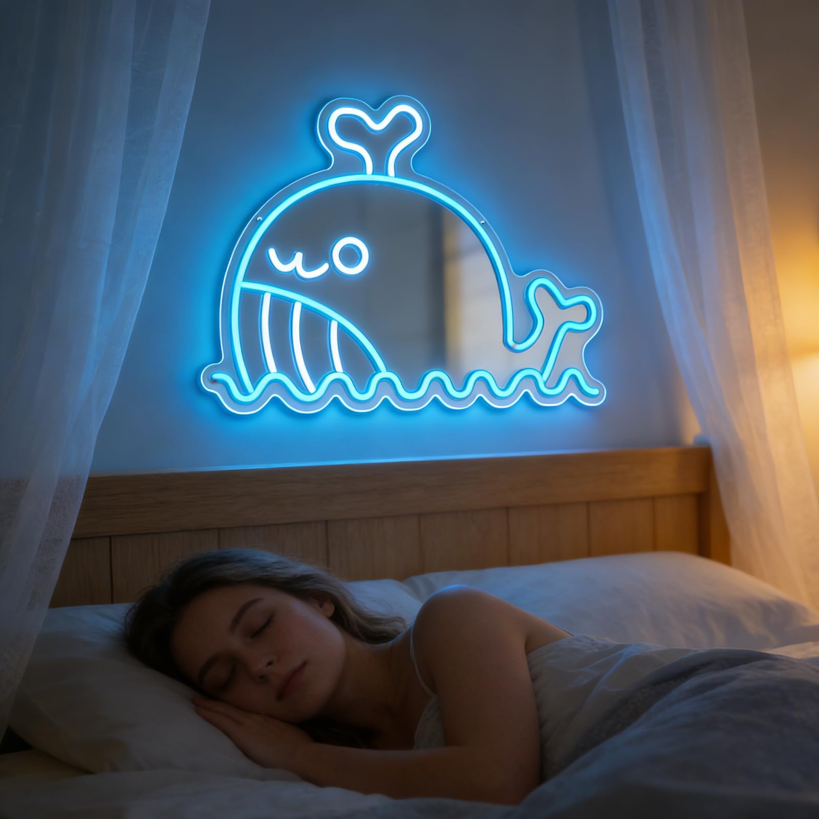 Dreamy Whale Shape USB Mirror LED neonowy znak, wisząca dekoracja pokoju dziecięcego o tematyce oceanu, miękka lampka nocna, kreatywna lampa nastrojowa do salonu/sypialni, prezent i dekoracja (biały +