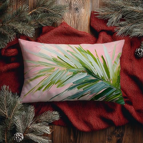 Image of Summer Pink and Green Tropical Palm Leaf Decorative Throw Pillow Cover Decor 12x20,Palm Leaf Botanical Decorative Lumber Beach Plant Throw Pillow Cover for Cabin Couch Double-Sided