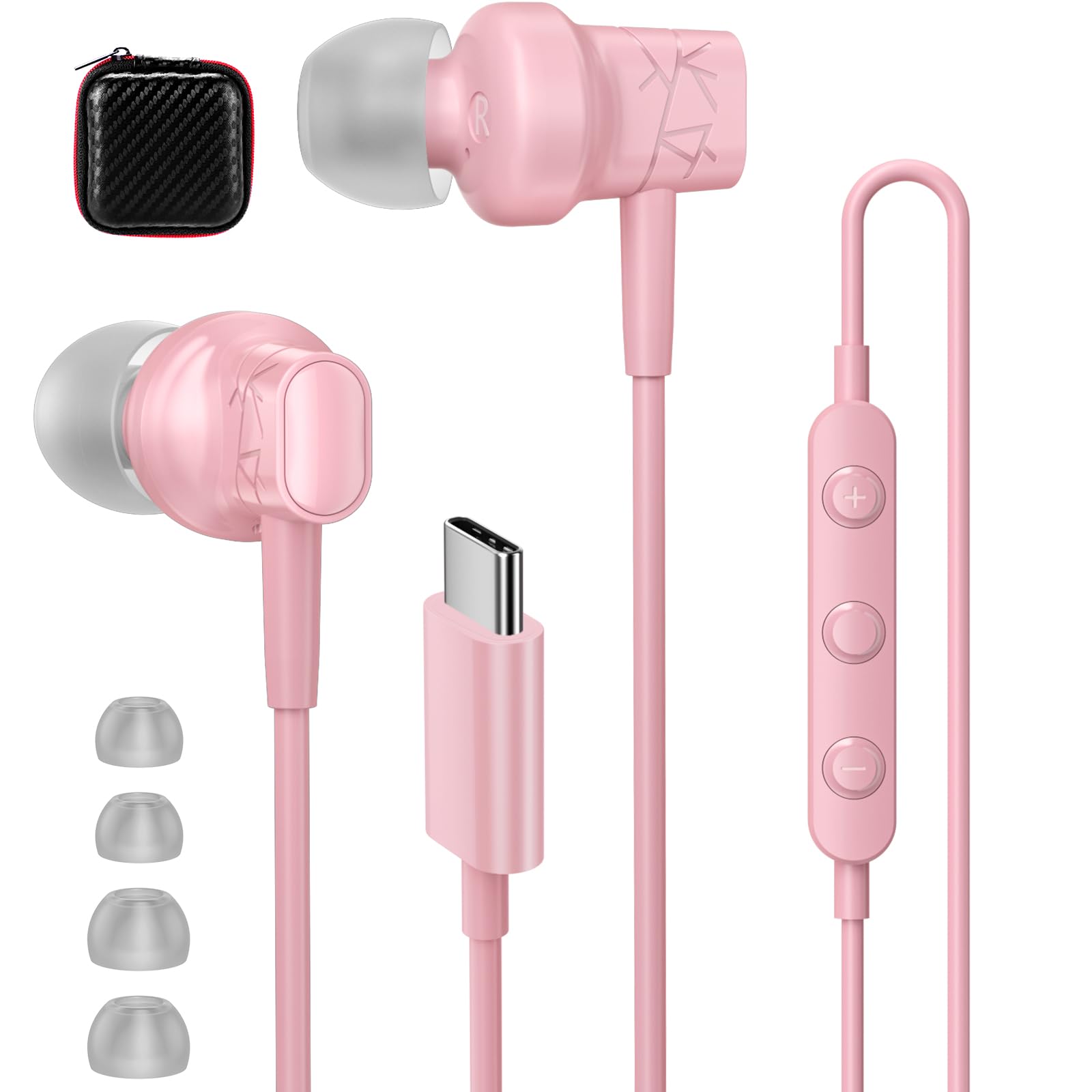 APETOO USB C Wired Ear Buds for iPhone 17 16 Pro Max 15 Plus HiFi Stereo Magnetic Headphones In-Ear Type C Earphones Plug-in Earbuds with Microphone for Samsung S25 S24 S23 S22 S21 A16 Z Flip7 6, Pink