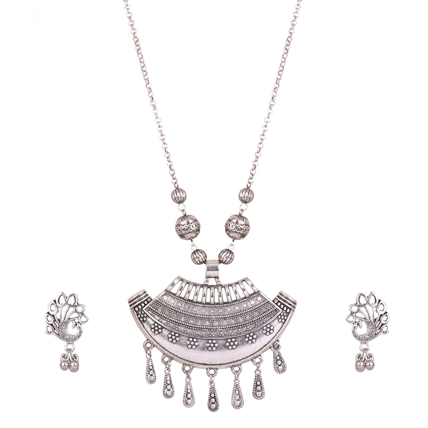 JFL – Jewellery for Less Fashionable Silver Plated German Oxidized Pendant and Silver Beaded Handcrafted Necklace Set with Earring Women & Girls JFL – Jewellery for Less Fashionable Silver Plated German Oxidized Pendant and Silver Beaded Handcrafted Necklace Set with Earring Women & Girls