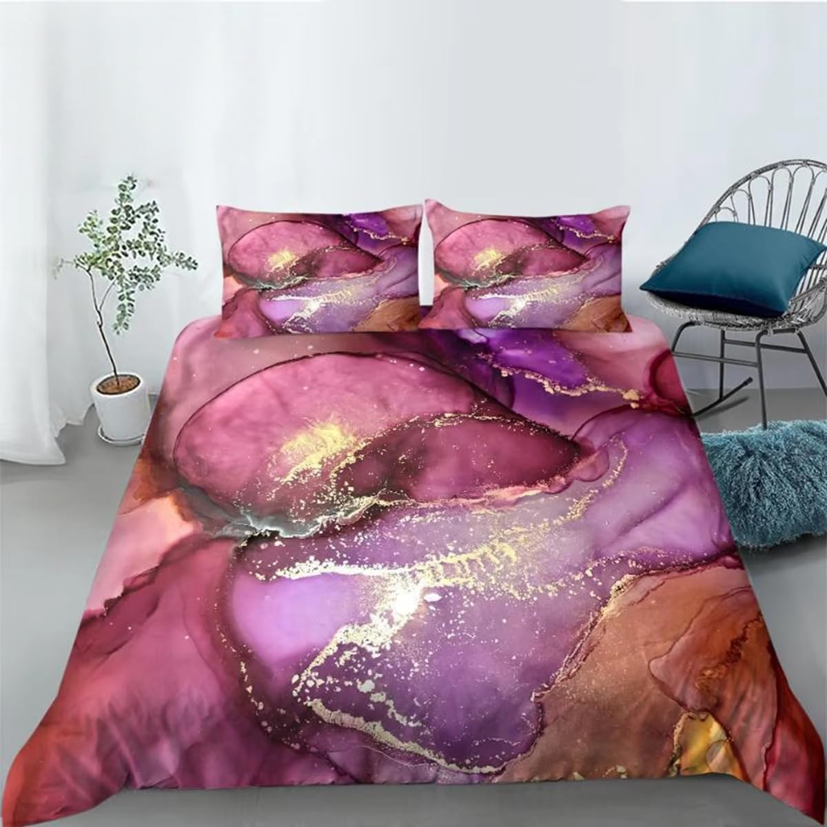 Housse de couette marbre violet facile d'entretien parure de lit microfibre anti-pli