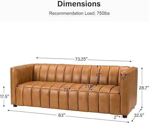 Miniatura 2 de HULALA HOME Sofá de cuero genuino de 83 pulgadas, sofá de cuero para sala de estar, sofá de 3 plazas, sofá grande de cuero de capa superior con