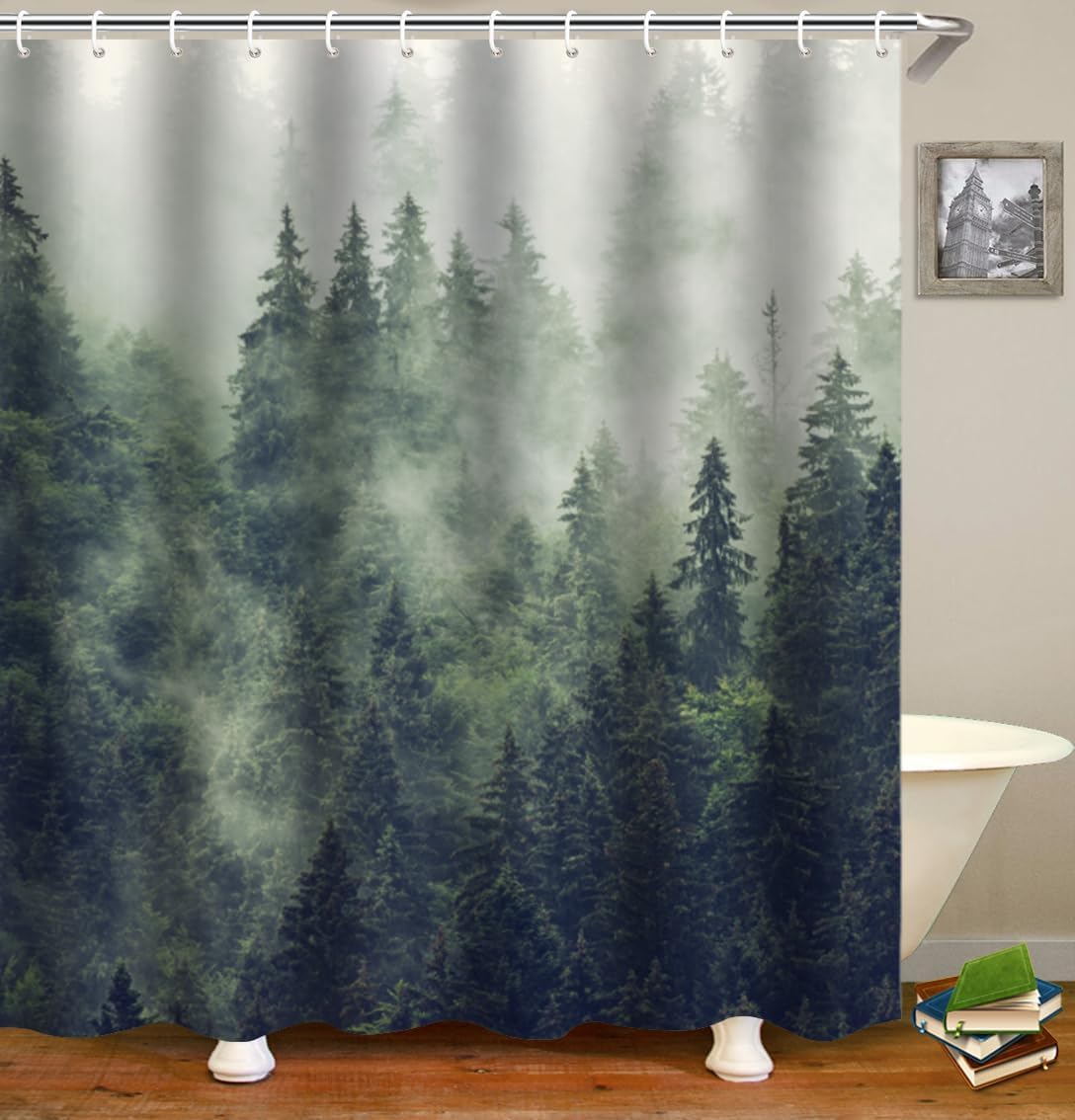 xinbai Shower Curtain White Misty Forest Shower Curtains Plant Tree Nature Woodland Shower Curtain 180 x 180 cm with 12 Hooks Fabric Bath Curtain Washable Quick-Drying