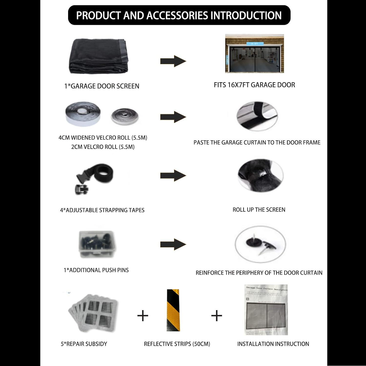 Qiseca Garage Door Screen 16x8FT - Instant Magnetic Garage Screen Doors for 2 Car Garage Retractable, Heavy Mesh Hands Free Garage Net Screen Double Car Patio Porch Privacy Curtain Black