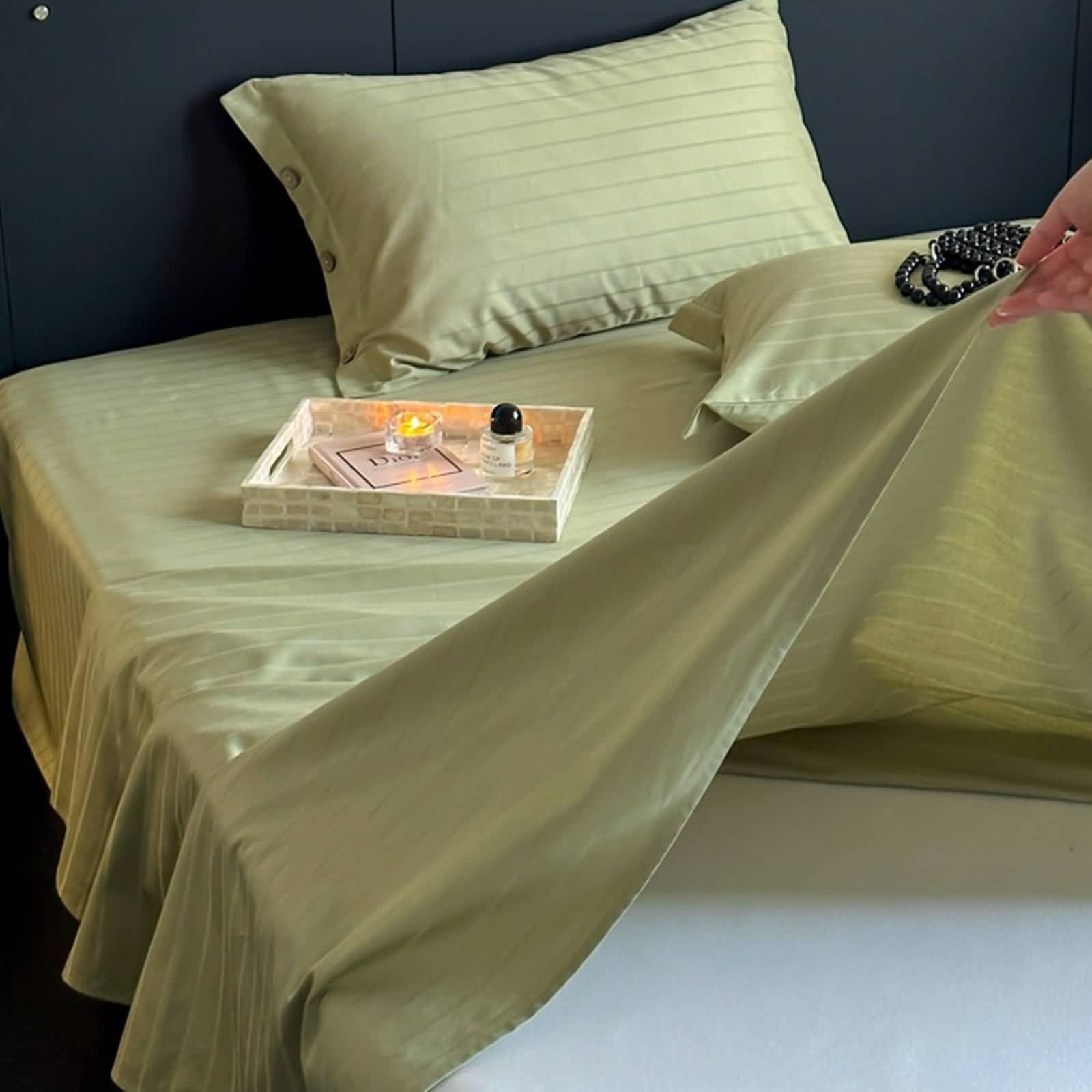 Daesar Sabanas Cama Matrimonio,Patrón de Rayas Algodón Sábana Encimera para Cama Verde Oliva,160 x 230 CM