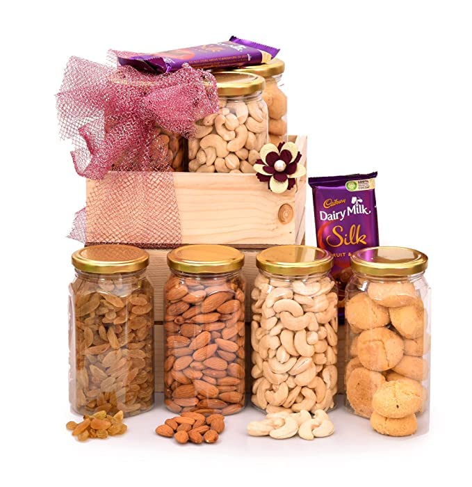 Image of NUTRI MIRACLE Rakhi Dry Fruit & Nut Gifts With Rakhis For Brother N Family Including Bhai Bhabhi Pair,Cashew,Almond,Raisin,Cookies,Silk,450gm